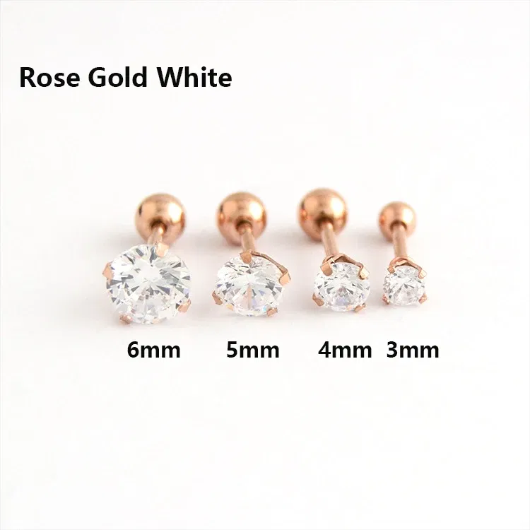 Metal Color: Imitation Rhodium Plated, Main Stone Color: WHITE - 1Pc Small Round Cz Tragus Cartilage Titanium Steel 16G 4 Prong Ear Stud Earrings Tragus Helix Piercing Jewelry Sexy Body Jewelry