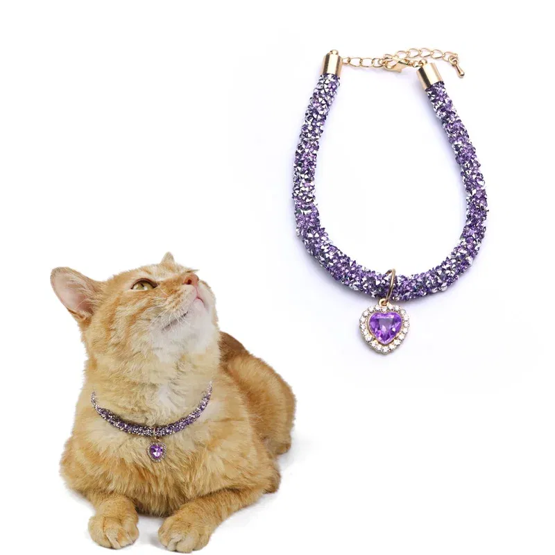 Color: PURPLE, Size: M - Luxury Cat Collar with Heart Crystal Pendant Puppy Chihuahua Necklace Reflective Rhinestone Kitten Neck Strap Pets Accessories