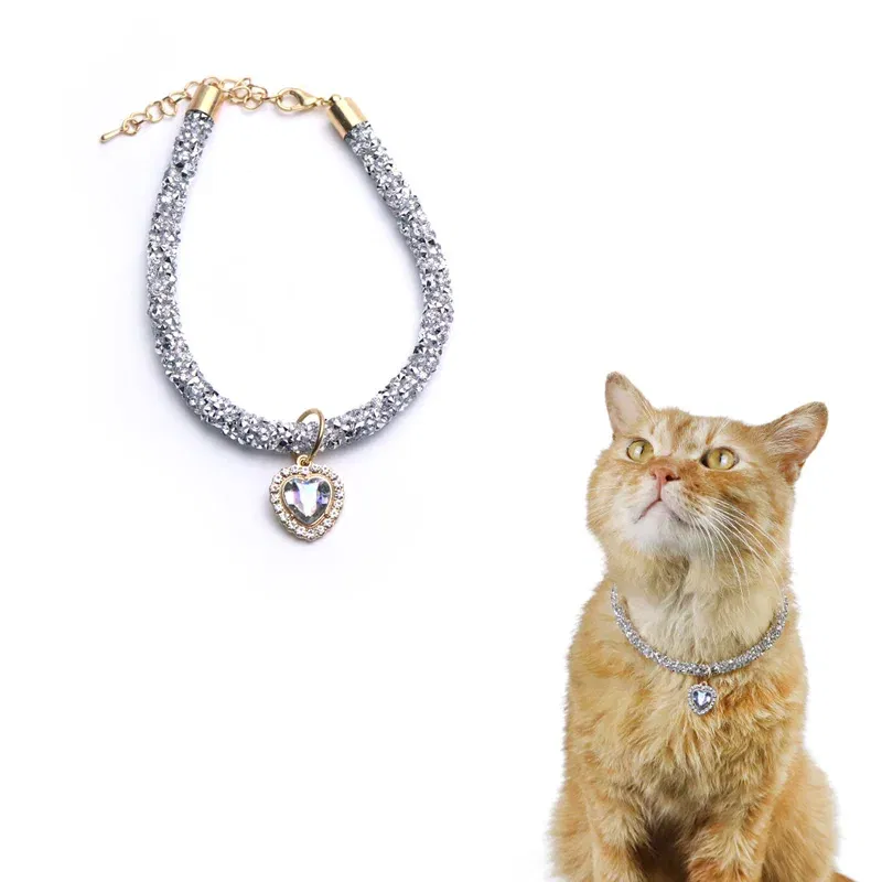 Color: PURPLE, Size: M - Luxury Cat Collar with Heart Crystal Pendant Puppy Chihuahua Necklace Reflective Rhinestone Kitten Neck Strap Pets Accessories