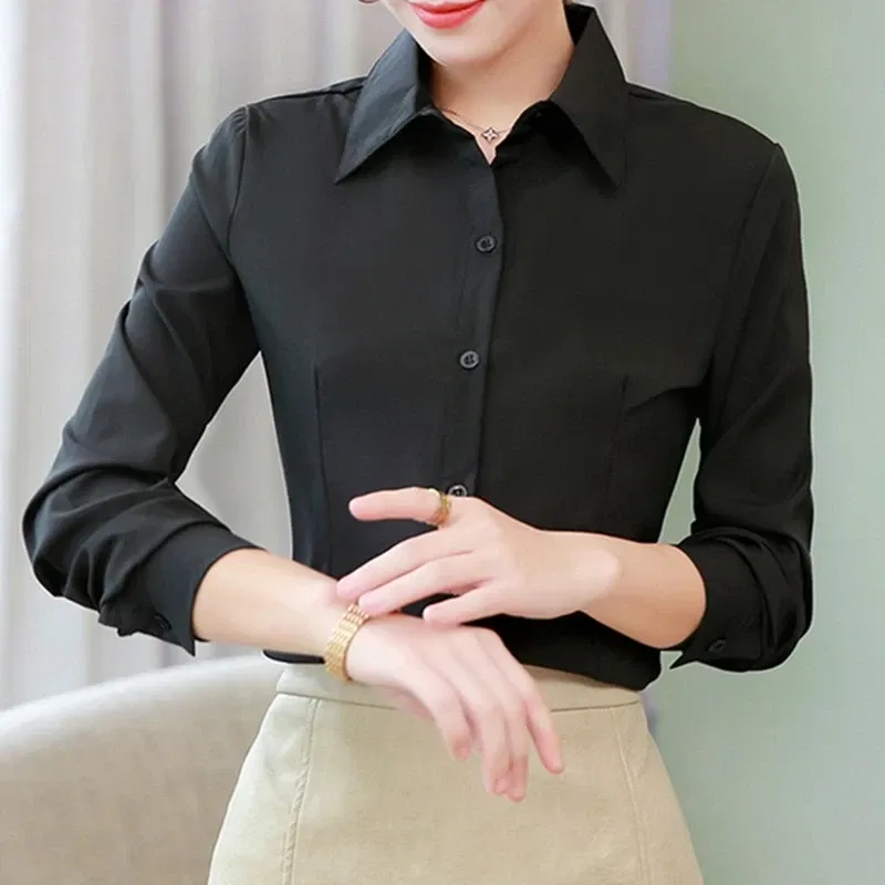 Color: black, Size: 5XL - Elegant Women Shirts Woman White Shirt Long Sleeve Blouse Office Lady business Pink Shirts Button Solid Women work Blouses Tops