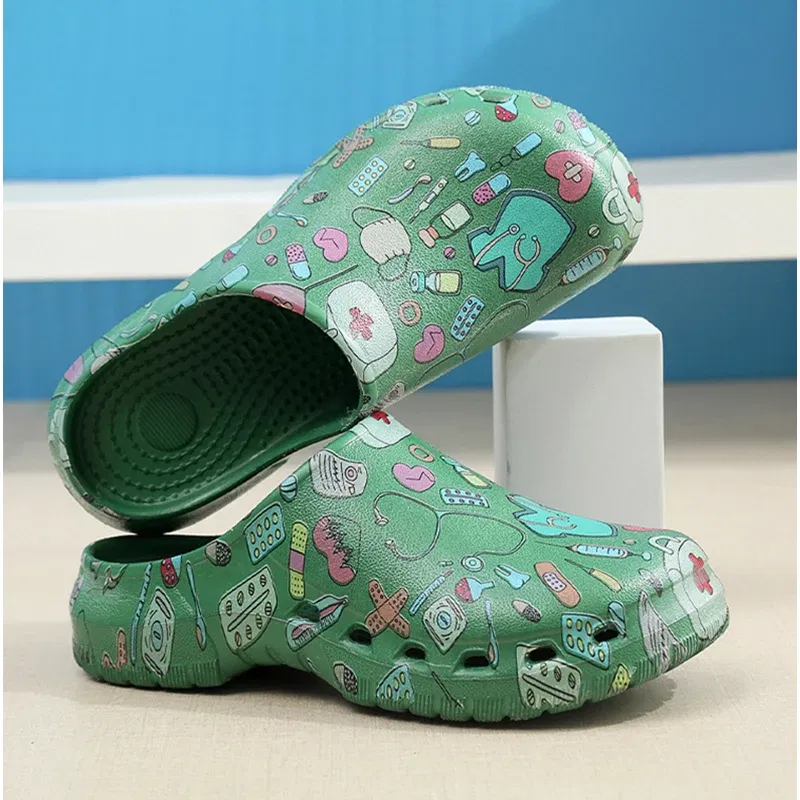 Color: Beige, Shoe Size: 39-40 - Medical print Nurse Clogs EVA Surgical Slippers Lightweight Non-slip Doctor Scrub Clogs Dental Pet Clinic Nursing Clogs Y07-1