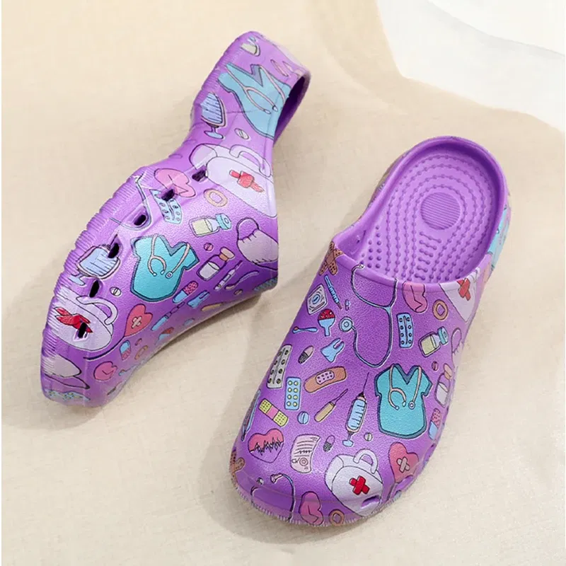 Color: Beige, Shoe Size: 39-40 - Medical print Nurse Clogs EVA Surgical Slippers Lightweight Non-slip Doctor Scrub Clogs Dental Pet Clinic Nursing Clogs Y07-1