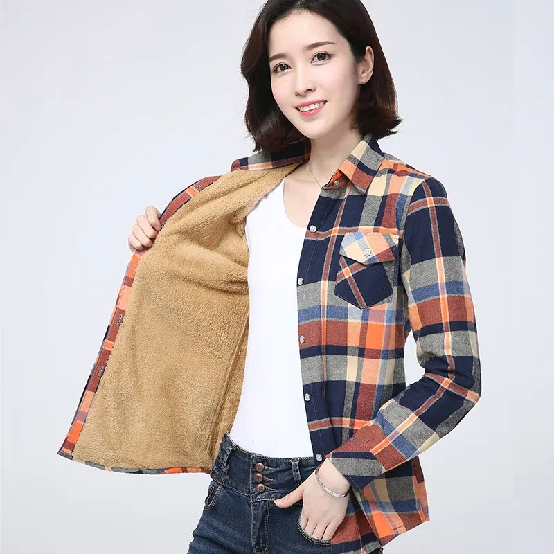 Color: army green, Size: M - 2025 Winter New Women's Warm Plaid Shirt Coat Casual Fleece Velvet Plus Thicke Jacket Tops College Style Woman Clothes Outerwear