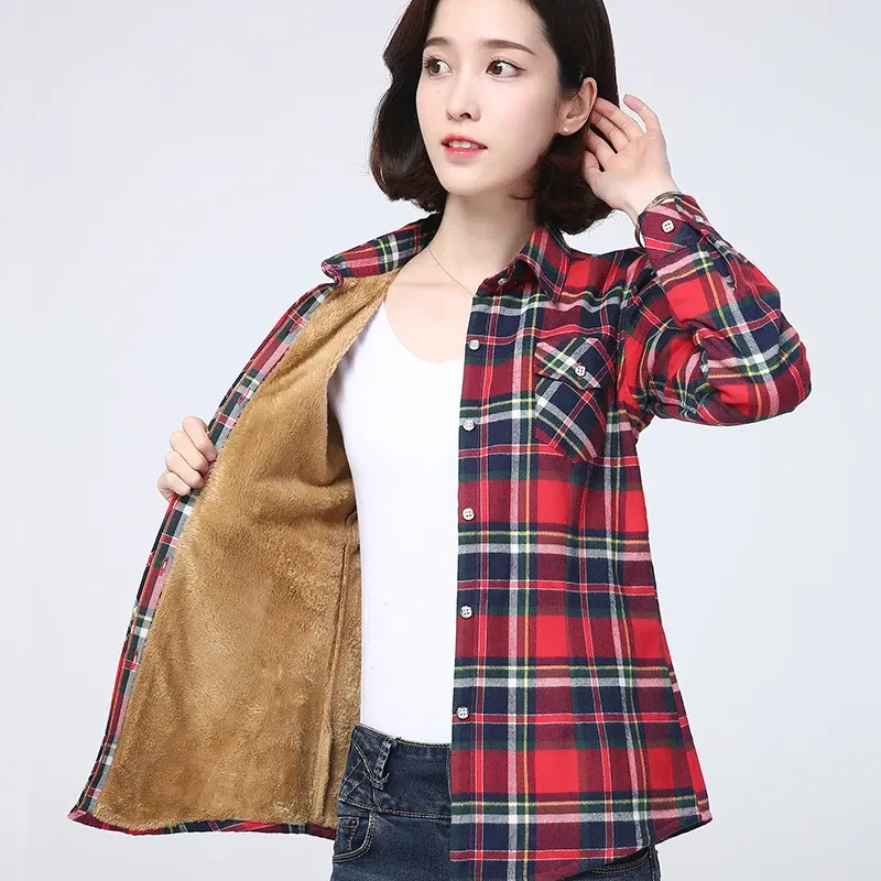 Color: army green, Size: M - 2025 Winter New Women's Warm Plaid Shirt Coat Casual Fleece Velvet Plus Thicke Jacket Tops College Style Woman Clothes Outerwear