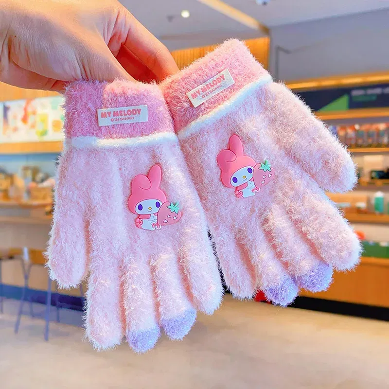 Color: green - Sanrio Gloves Kawaii My Melody Kuromi Cold-Proof Winter Finger Gloves Plush Screen Touch Warm Children Toddler Christmas Gifts