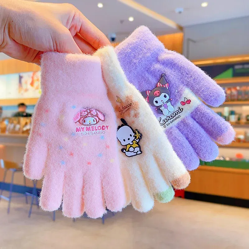 Color: green - Sanrio Gloves Kawaii My Melody Kuromi Cold-Proof Winter Finger Gloves Plush Screen Touch Warm Children Toddler Christmas Gifts