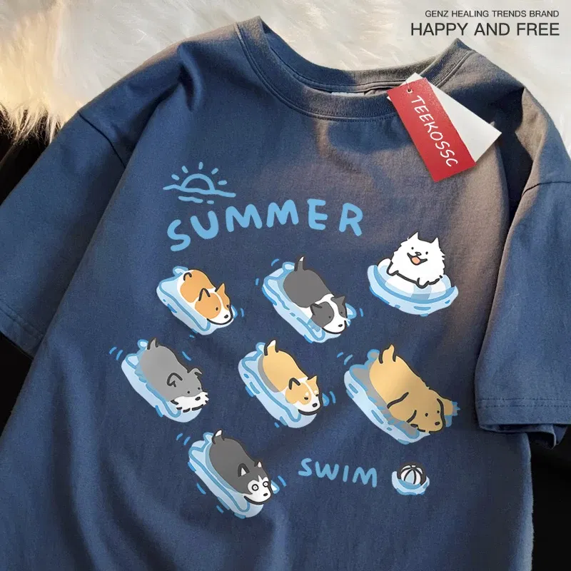 Color: WHITE, Size: M - Fun Cat And Dog Swimming Japanese Style T-Shirt Female Casual Loose T-Shirts Summer Cotton Tops Fashion Breathable Tee Clothing