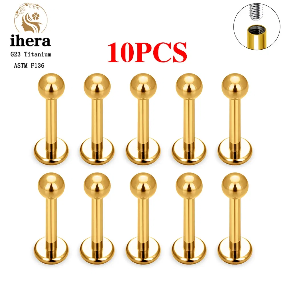 Metal color: Gold-color, Ships From: CHINA, Main Stone Color: Gold - 10PCS G23 Titanium Labret Piercing Lip Ring 16G F136 Internal Thread Nose Stud Earring Tragus Helix Cartilage Piercing Jewelry
