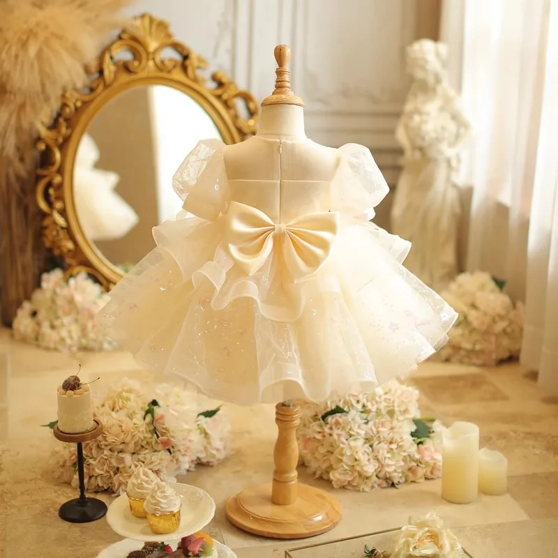 Kid Size: 9, Color: Khaki - Baby Girls Birthday Dress Elegant Princess Gown High-End Sequin Tulle Tutu Dresses Cake Special Occasions Toddler Party Clothes
