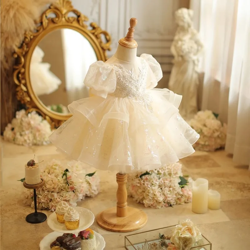 Kid Size: 9, Color: Khaki - Baby Girls Birthday Dress Elegant Princess Gown High-End Sequin Tulle Tutu Dresses Cake Special Occasions Toddler Party Clothes