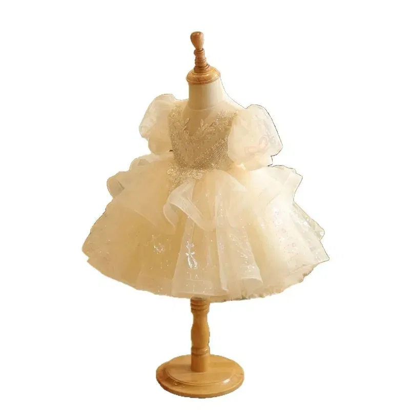 Kid Size: 9, Color: Khaki - Baby Girls Birthday Dress Elegant Princess Gown High-End Sequin Tulle Tutu Dresses Cake Special Occasions Toddler Party Clothes