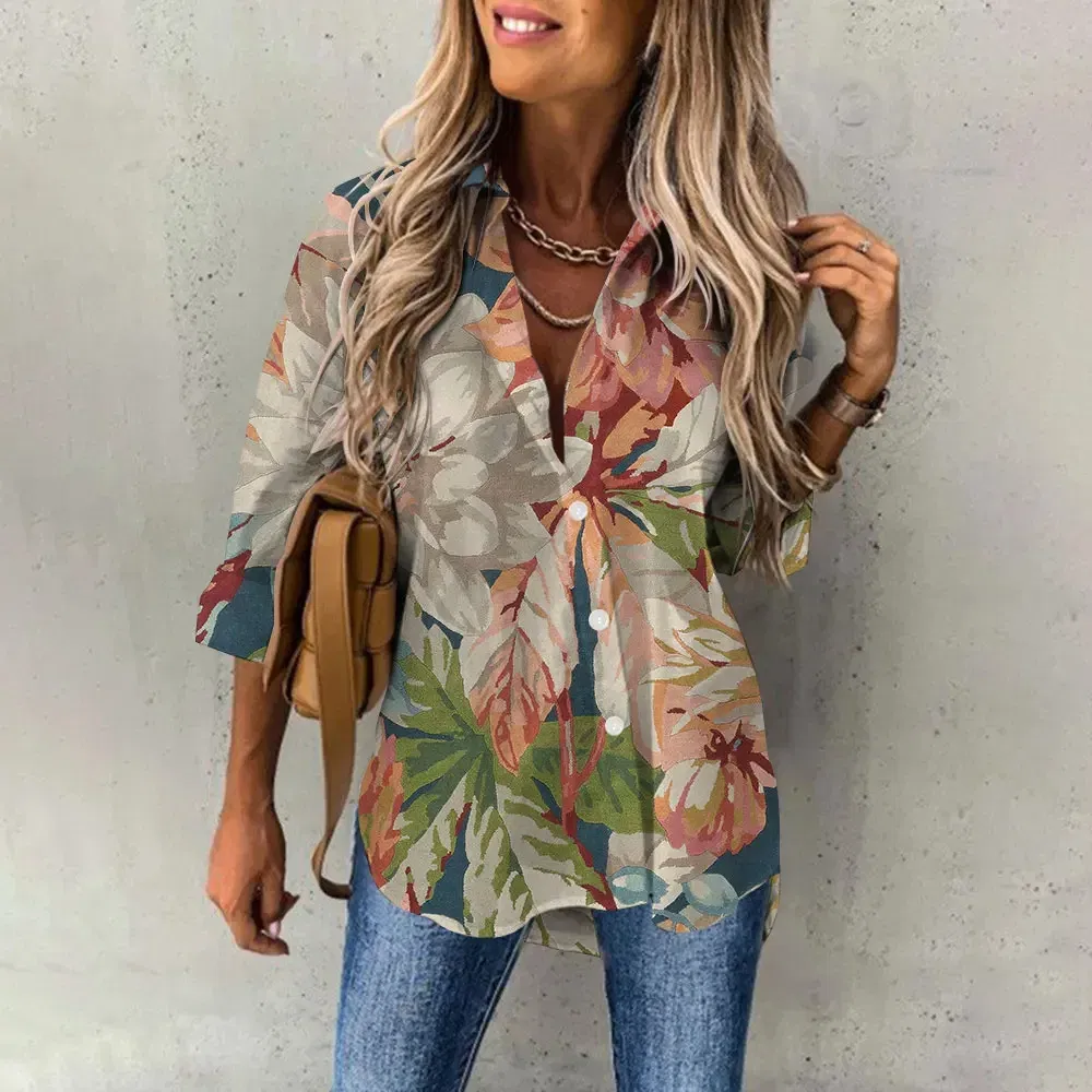 Color: Ivory, Size: XXXL - Ladies Long Sleeved Shirt Vacation Style Coconut Tree 3D Digital Printed Button Up Collar Loose Casual Ladies Blouse 2024 Autumn