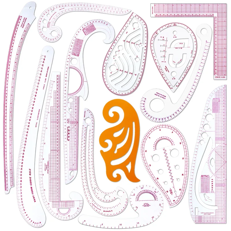 Color: Mixed Color - Empire sewing ruler and French curve, used for pattern making drafting, transparent plastic fashion designer ruler pieces assemb
