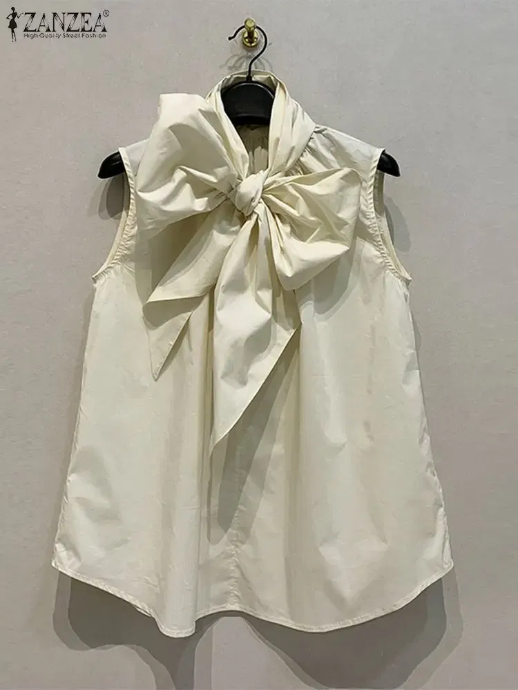 Color: black, Size: L - ZANZEA Women Fashion Bow Tie Neck Tank Tops 2024 Summer Casual Solid Sleeveless Blusas Mujer Elegant Korean Style Shirts Blouses