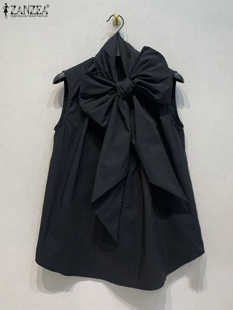 Color: black, Size: L - ZANZEA Women Fashion Bow Tie Neck Tank Tops 2024 Summer Casual Solid Sleeveless Blusas Mujer Elegant Korean Style Shirts Blouses