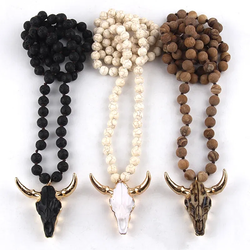 Metal Color: Plating Gun, Length: 90cm - Fashion Bohemian Jewelry  Long Knotted Stone Beads 3 Color Horn Pendant Necklace For Women Ethnic Necklace