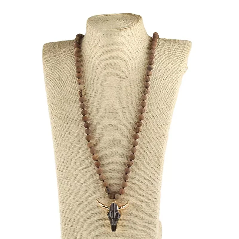 Metal Color: Plating Gun, Length: 90cm - Fashion Bohemian Jewelry  Long Knotted Stone Beads 3 Color Horn Pendant Necklace For Women Ethnic Necklace