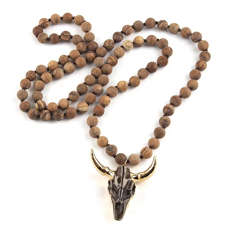 Metal Color: Plating Gun, Length: 90cm - Fashion Bohemian Jewelry  Long Knotted Stone Beads 3 Color Horn Pendant Necklace For Women Ethnic Necklace