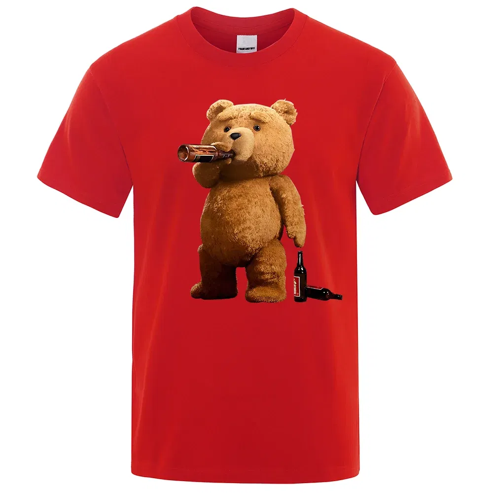 Color: Red, Size: XXL - Lovely Ted Bear Drink Beer Poster Funny Printed T-Shirt Men Fashion Casual Short Sleeves Loose Oversize Tee Street Hip Hop Tops