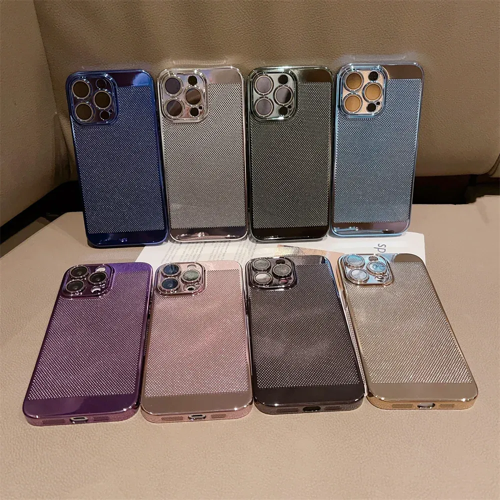 Color: Sky blue, Material: nylon - Luxury Plating Hollowed Out Case for iPhone 12 13 Mini 11 14 Pro Max X XR Xs Max 7 8 Plus Heat Dissipation Shockproof Lens Cover
