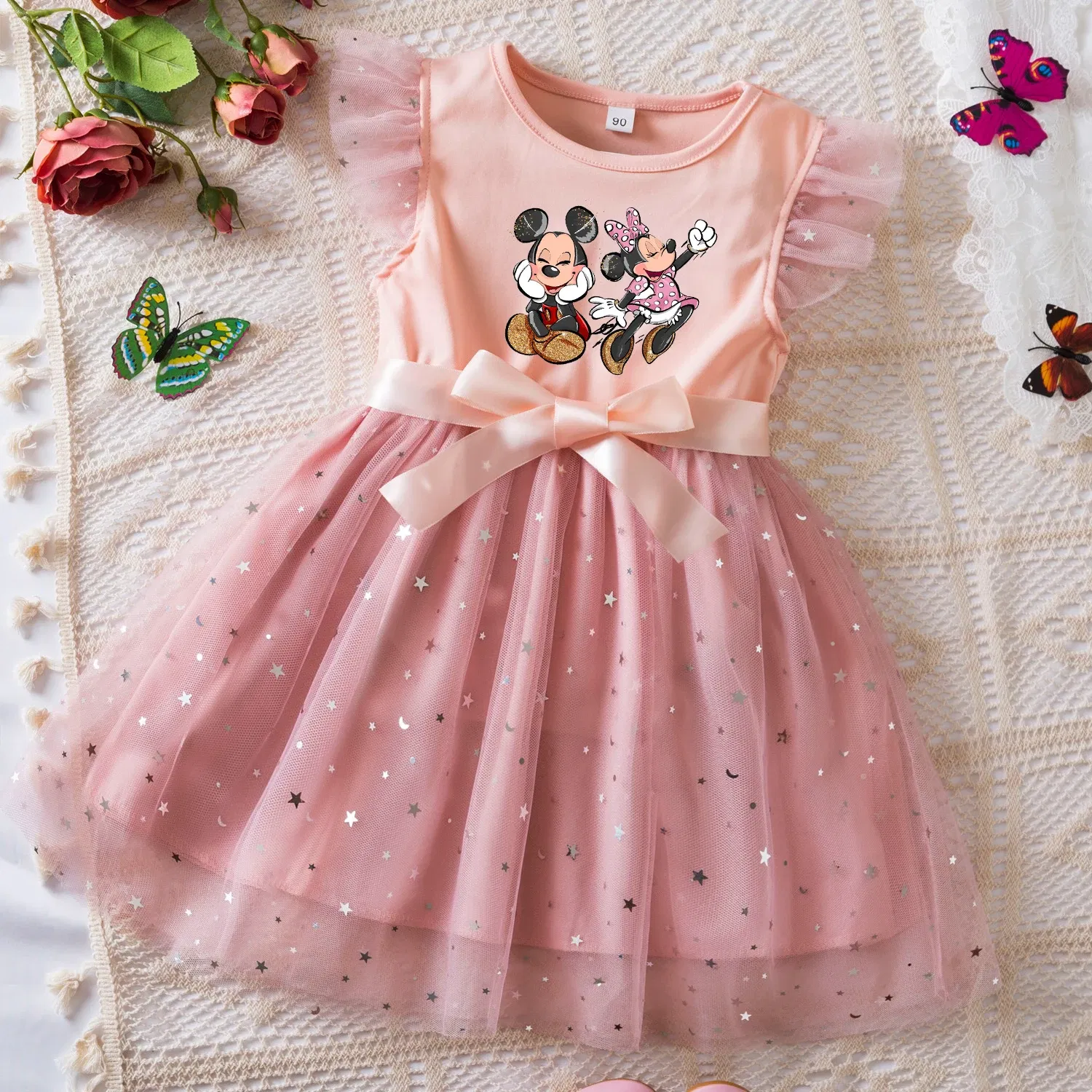 Color: Lavender, Size: S - Mickey Minnie Mouse Girls Summer Clothes Flying Sleeves Bow Sequin Dress 2-6Y Kid Birthday Tutu Princess Dress for Baby Girl