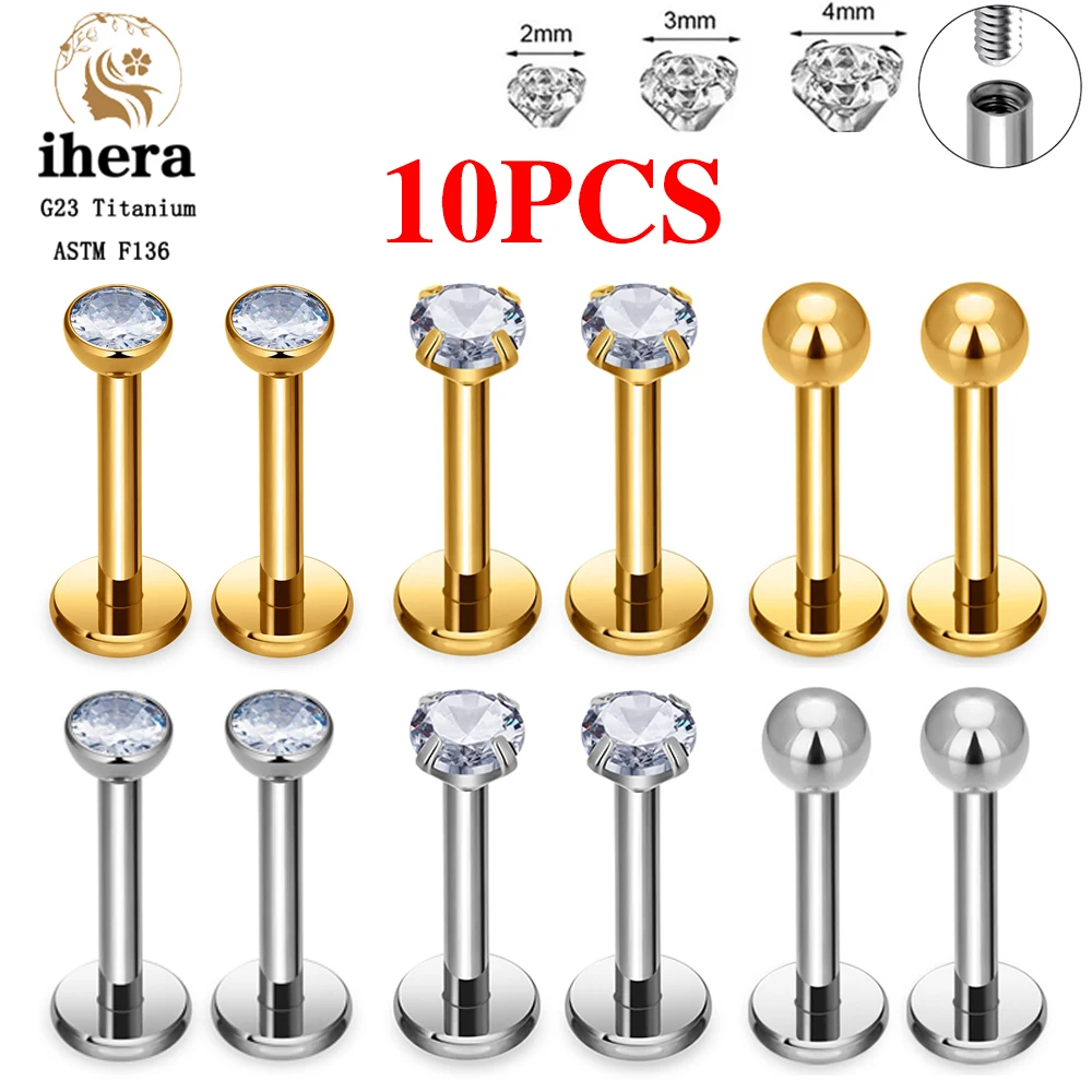 Metal color: Gold-color, Ships From: CHINA, Main Stone Color: WHITE - 10PCS G23 Titanium Labret Piercing Lip Ring 16G F136 Internal Thread Nose Stud Earring Tragus Helix Cartilage Piercing Jewelry