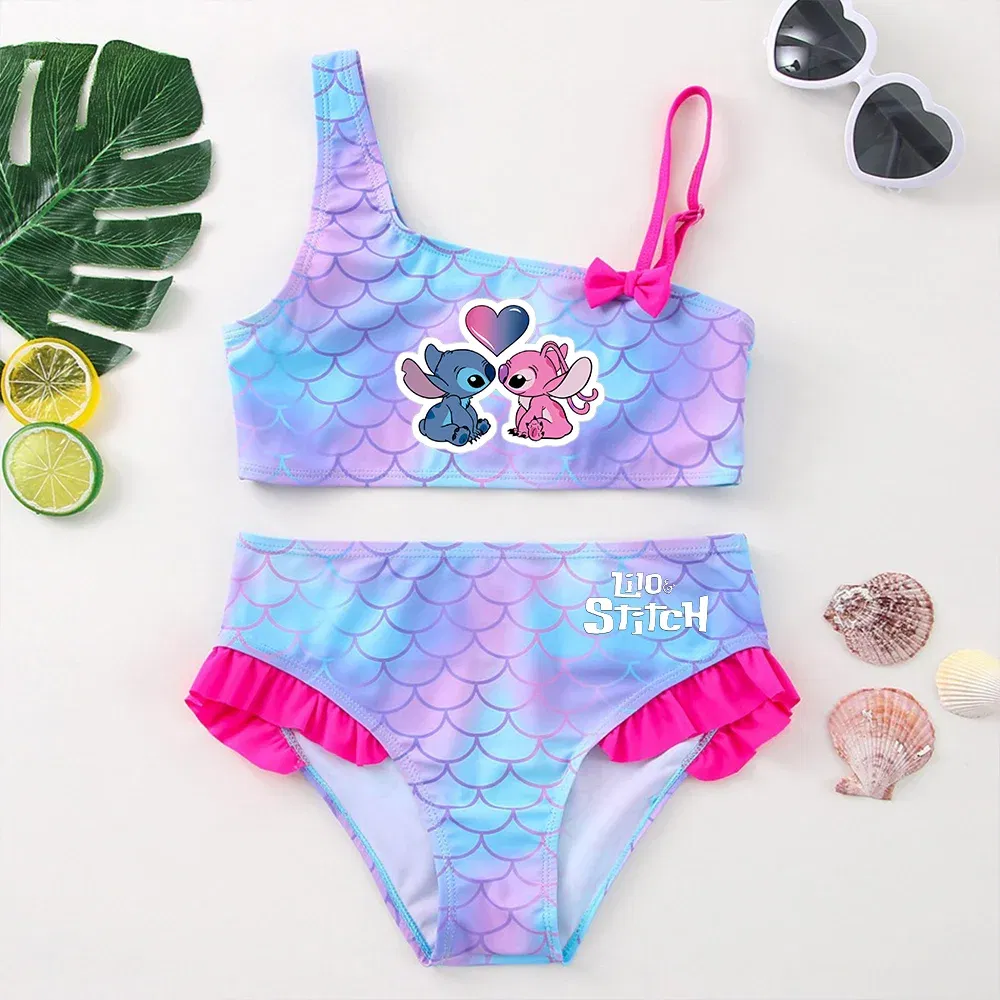 Color: APRICOT, Size: L - Lilo Stitch Girls Swimsuit One-Piece Bathing Suits Children's Dresses Summer Swimwear Beach Suit Kids Wear Fashion Mermaid Fish