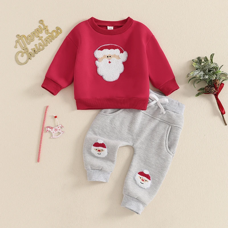 Color: Red, Kid Size: 12M, Ships From: CHINA - 2024-09-12 Lioraitiin Toddler Baby Boys Christmas Outfits Long Sleeve Santa Embroidery Sweatshirt and Pocket Pants Clothes Set