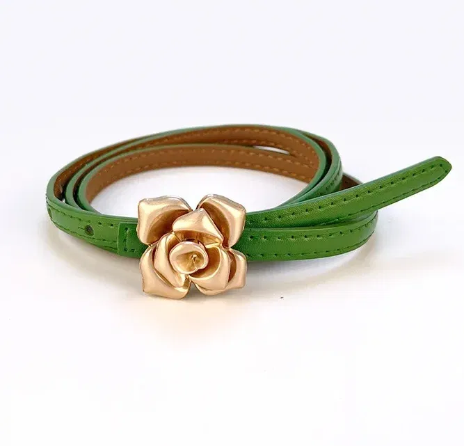 Color: GRAY, Belt Length: 105CM - 1.0cm New Unique Rose Genuine Leather Gold Belt Women Fashion Cowskin Flower Thin Belts Female Jeans Dress Waistband