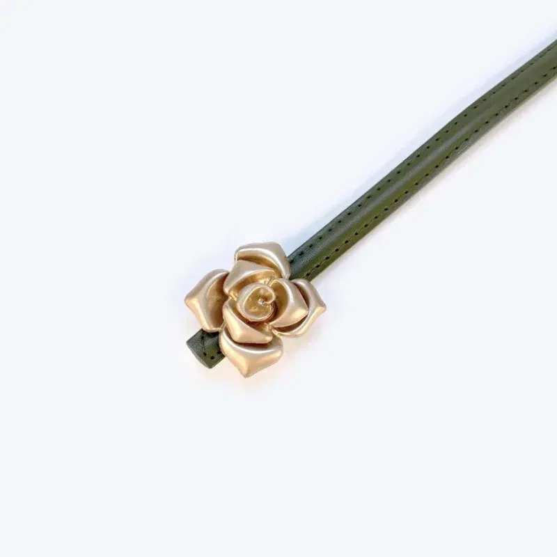 Color: GRAY, Belt Length: 105CM - 1.0cm New Unique Rose Genuine Leather Gold Belt Women Fashion Cowskin Flower Thin Belts Female Jeans Dress Waistband
