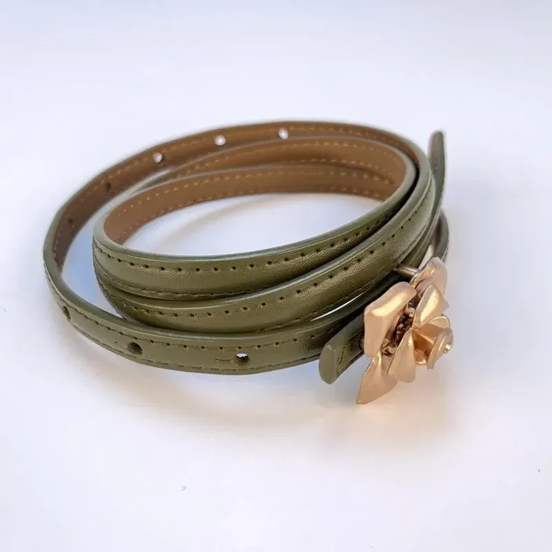 Color: GRAY, Belt Length: 105CM - 1.0cm New Unique Rose Genuine Leather Gold Belt Women Fashion Cowskin Flower Thin Belts Female Jeans Dress Waistband