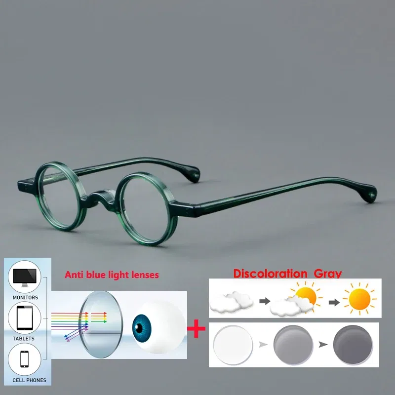 Frame Color: Dark Brown, Eye Prescription: +250 - VCKA Photochromic Acetate Myopia Glasses Men Retro Small Round Frames Women Custom prescription Anti-Blue  Eyewear -0.5 TO -10
