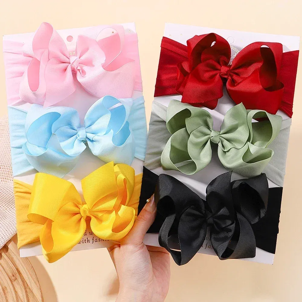 Color: Ivory - 1pcs Baby Wide Ribbon Nylon Turban Girls Big Bows Hair Accessories Child Headband Elastic Hair Bands Ribbon Bows Infant Headwear