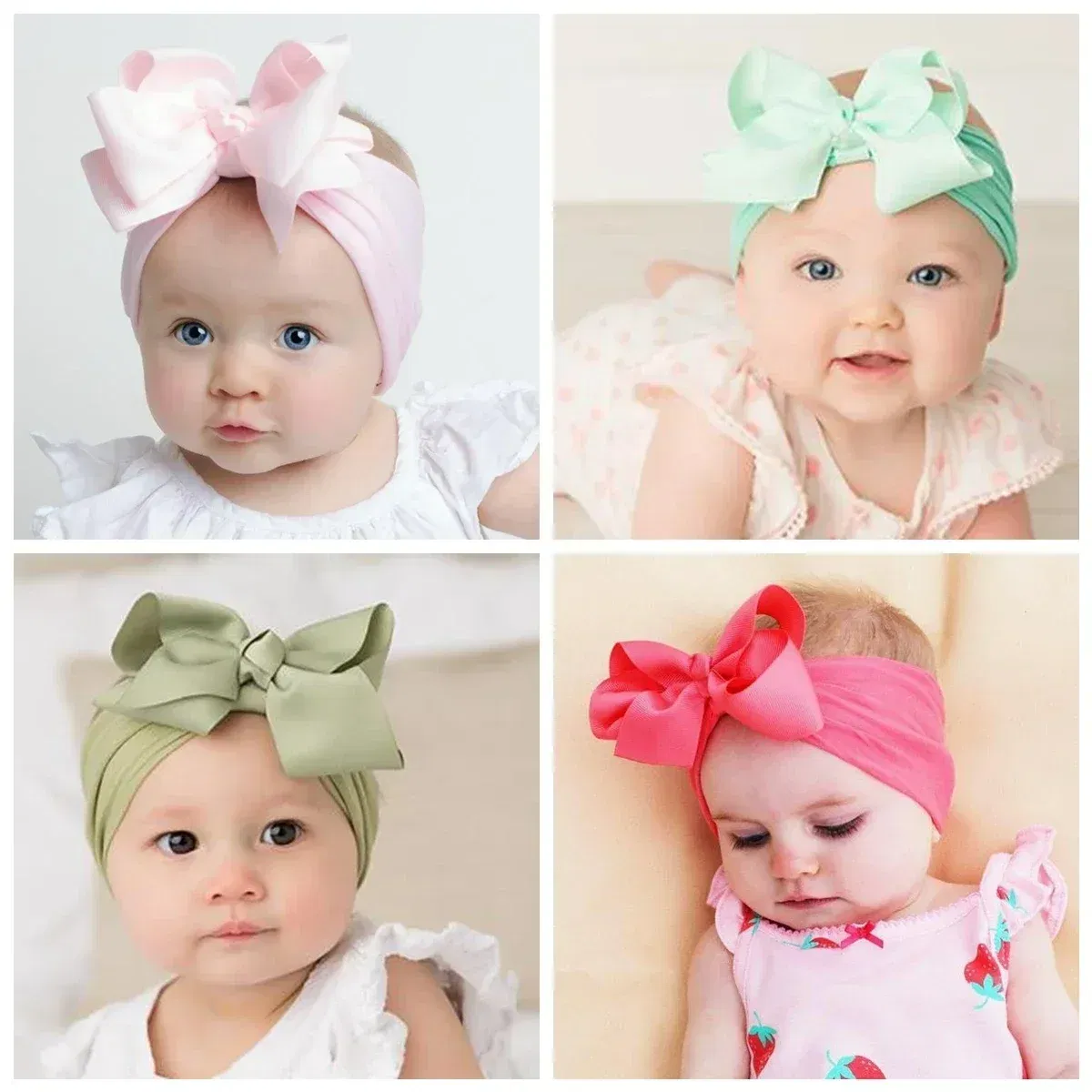 Color: Ivory - 1pcs Baby Wide Ribbon Nylon Turban Girls Big Bows Hair Accessories Child Headband Elastic Hair Bands Ribbon Bows Infant Headwear