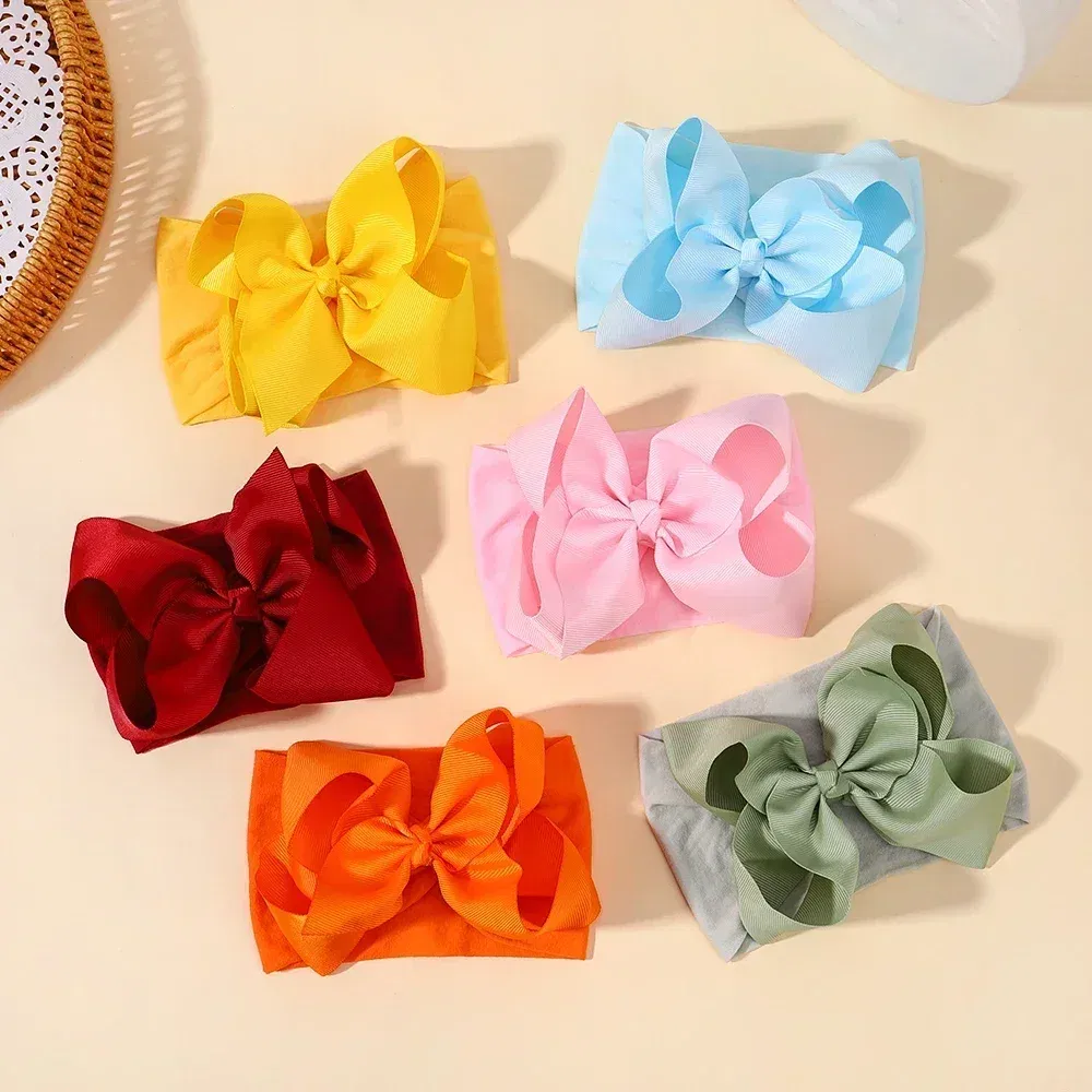 Color: Ivory - 1pcs Baby Wide Ribbon Nylon Turban Girls Big Bows Hair Accessories Child Headband Elastic Hair Bands Ribbon Bows Infant Headwear
