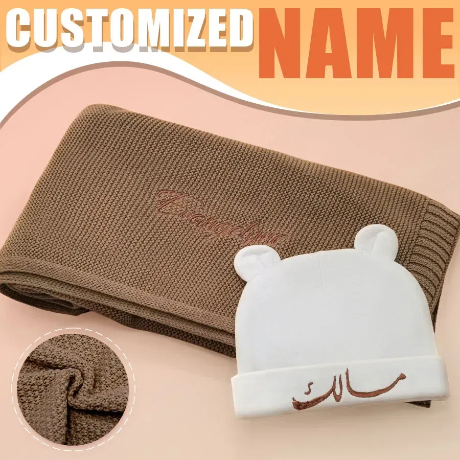 Color: Blue, Size: Option 2, Ships From: CN - Personalized Baby Name Newborn Cotton Beanie and Knitted Blanket Set Embroidered Name Covering and Cute Hat Gift Set