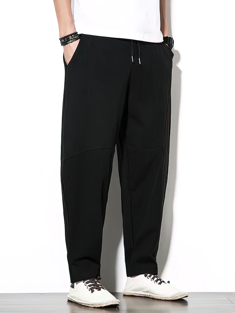 Color: dark blue, Size: 5XL - 100% Cotton Linen Pants Men Baggy Casual Trousers Male Walking Wide leg Loose Sweatpants Chinese Summer Jogger Pants 2025 New