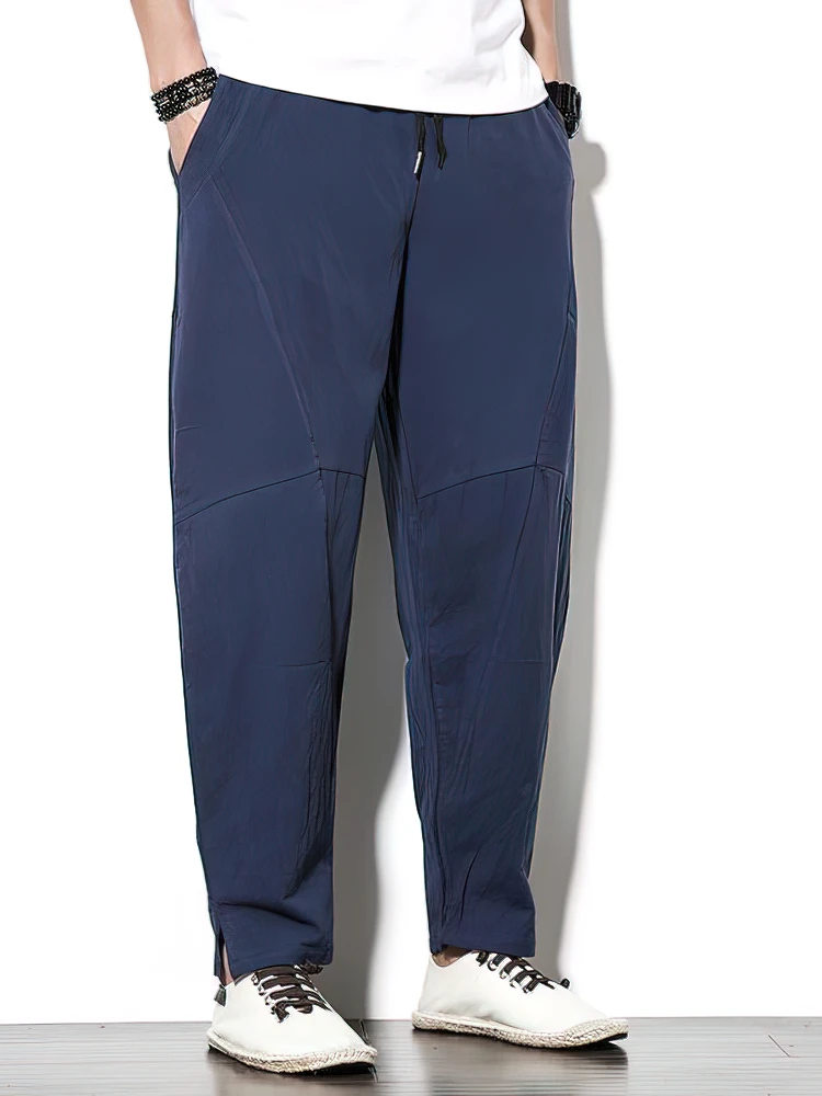 Color: dark blue, Size: 5XL - 100% Cotton Linen Pants Men Baggy Casual Trousers Male Walking Wide leg Loose Sweatpants Chinese Summer Jogger Pants 2025 New