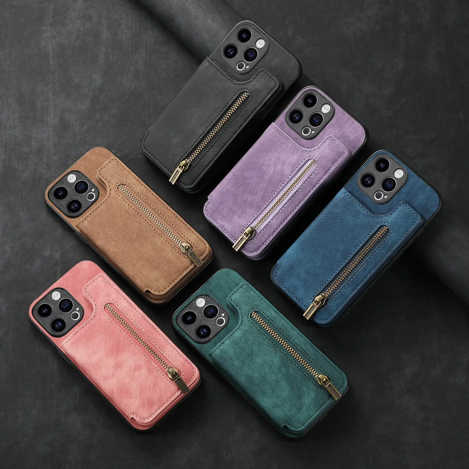 Color: Brown, Material: Denim - Leather Zipper Wallet with Card Holder Phone Case for IPhone 15 14 11 Pro Max 13 12 Mini X XR XS Max 8 7 Plus Shockproof Cover