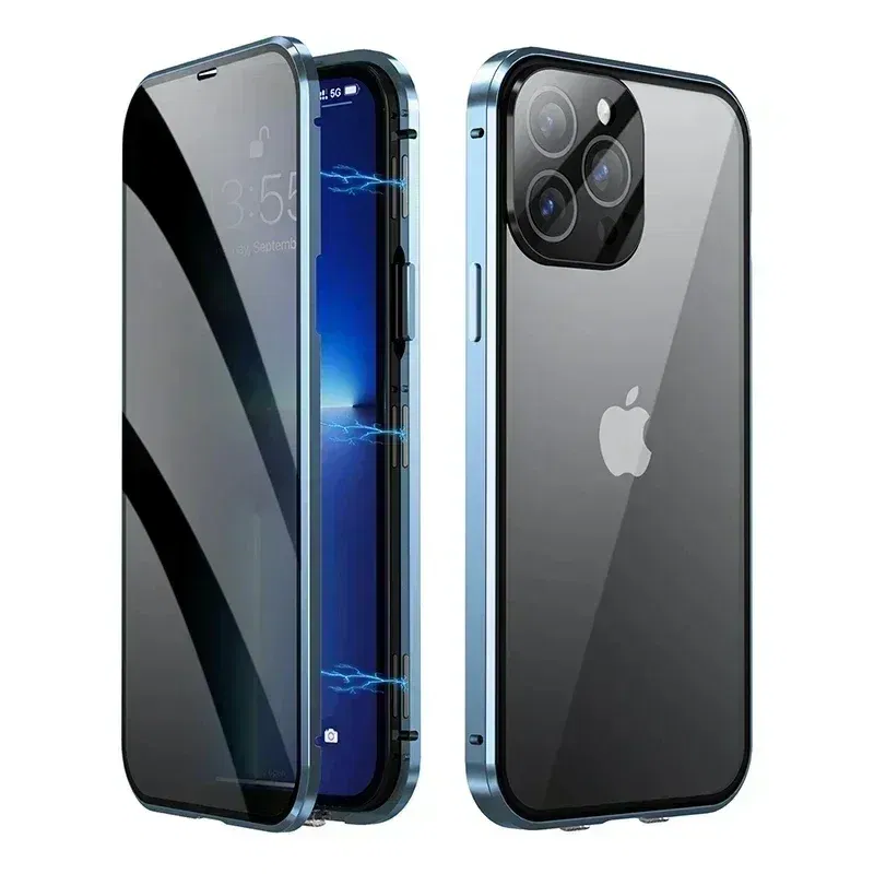 Color: Blue, Material: PU - Double-Sided Privacy Magnetic Case For iPhone 16 12 13 14 15 11 Pro Max 14 Plus 16 Plus Anti Peeping Full Cover Metal Frame Case