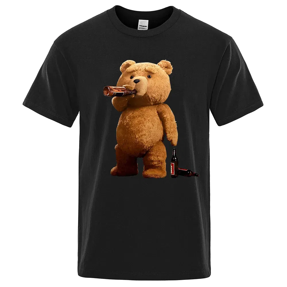 Color: black, Size: S - Lovely Ted Bear Drink Beer Poster Funny Printed T-Shirt Men Fashion Casual Short Sleeves Loose Oversize Tee Street Hip Hop Tops