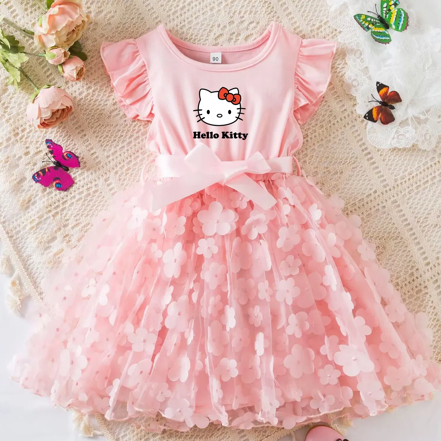 Color: green, Size: S - Hello Kitty Summer Dress for Kid's Casual Clothes 3D Butterfly Cute Baby Girls Princess Dress Party Dresses 2-6 Yrs