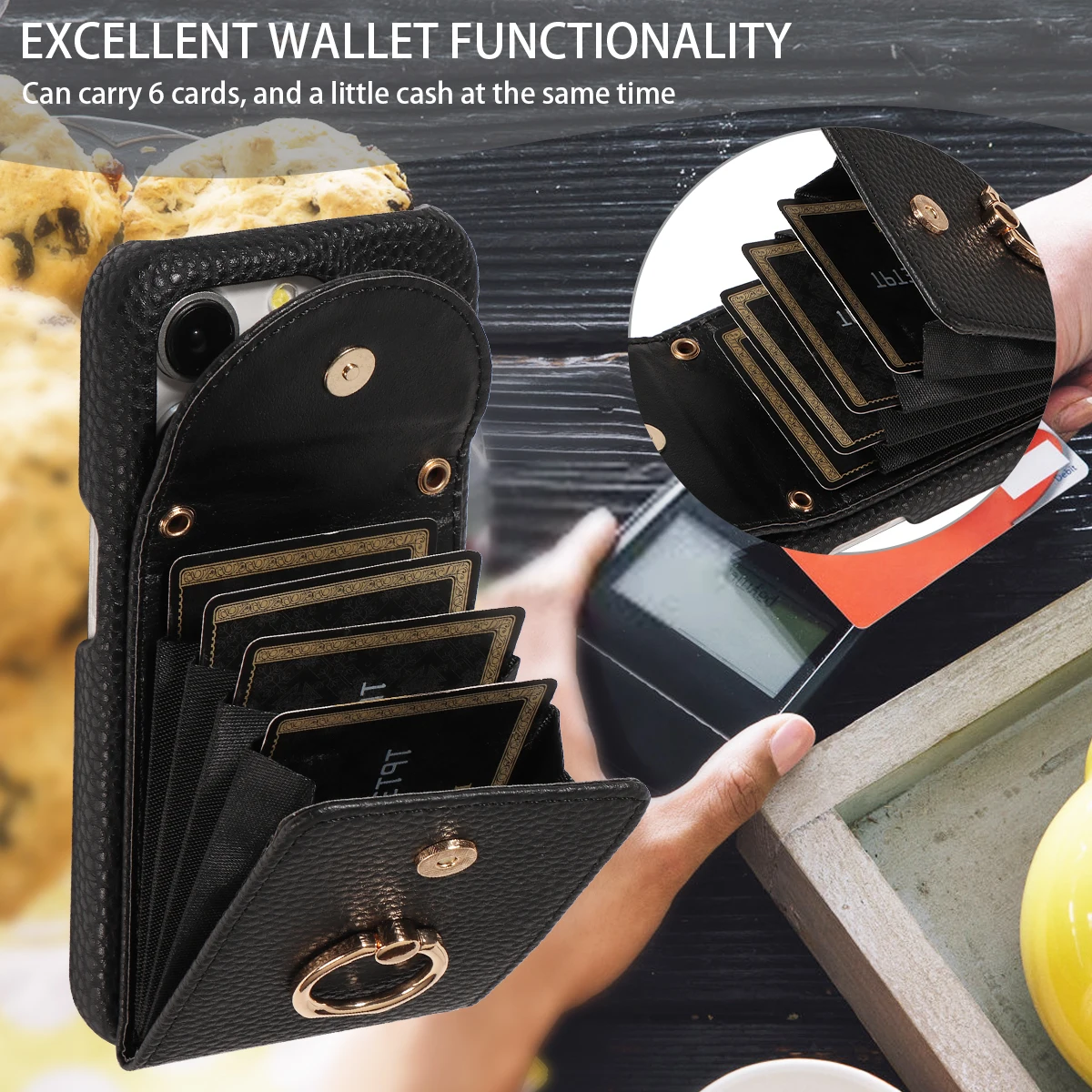 Color: Gold, Compatible-Phone Models: For iPhone 15 Pro Max, Bundle: Case & Strap, Material: Artificial Leather - High Quality Ring Stand Lychee Pattern Phone Case for IPhone16promax15 14 13 Crossbody with Lanyard PU Leather Anti-fall Cover