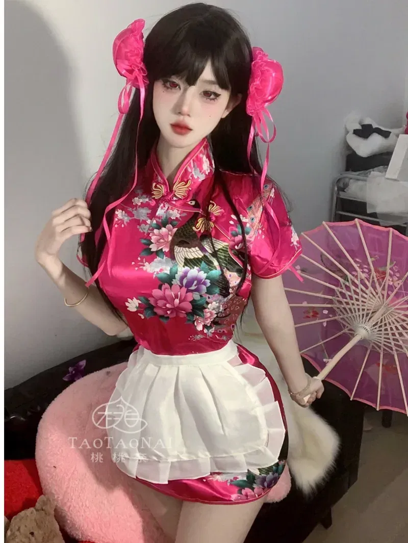 Size: S, Color: black - Sweet Chinese Cheongsam New Soft Girl Maid Cos Dress Elegant Pure Desire Girl Fashion Mini Dress Short Sleeve 2024 New 7AQF
