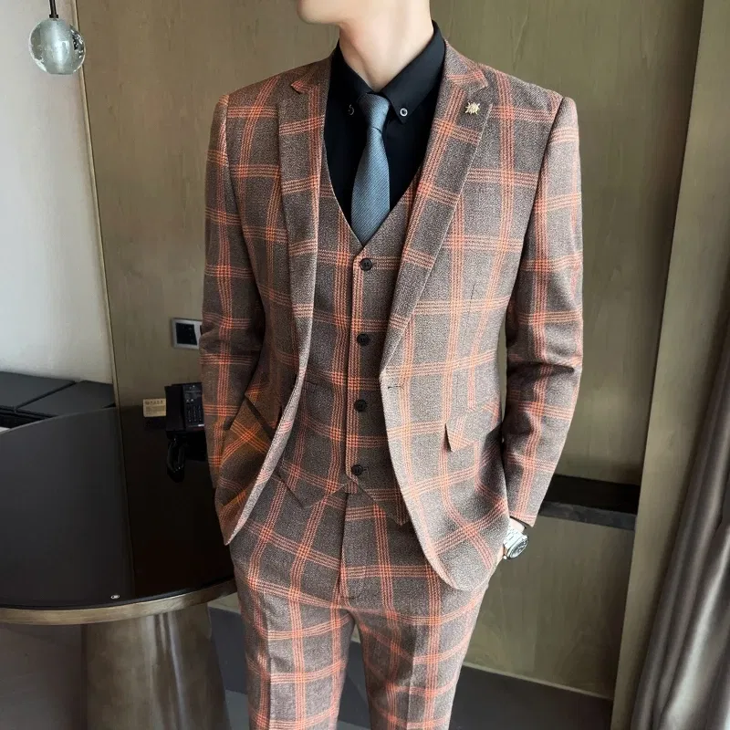 Color: black, Size: XXL - High-quality British men's fashionable and stylish checkered casual suit set for autumn, a casual and fitted suit set of three