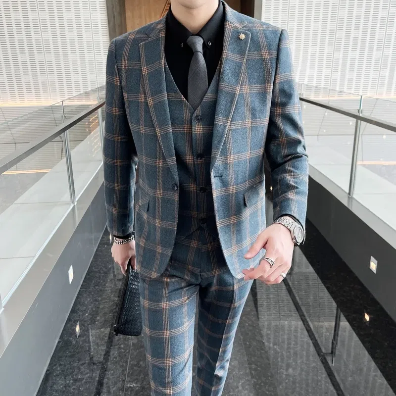 Color: black, Size: XXL - High-quality British men's fashionable and stylish checkered casual suit set for autumn, a casual and fitted suit set of three