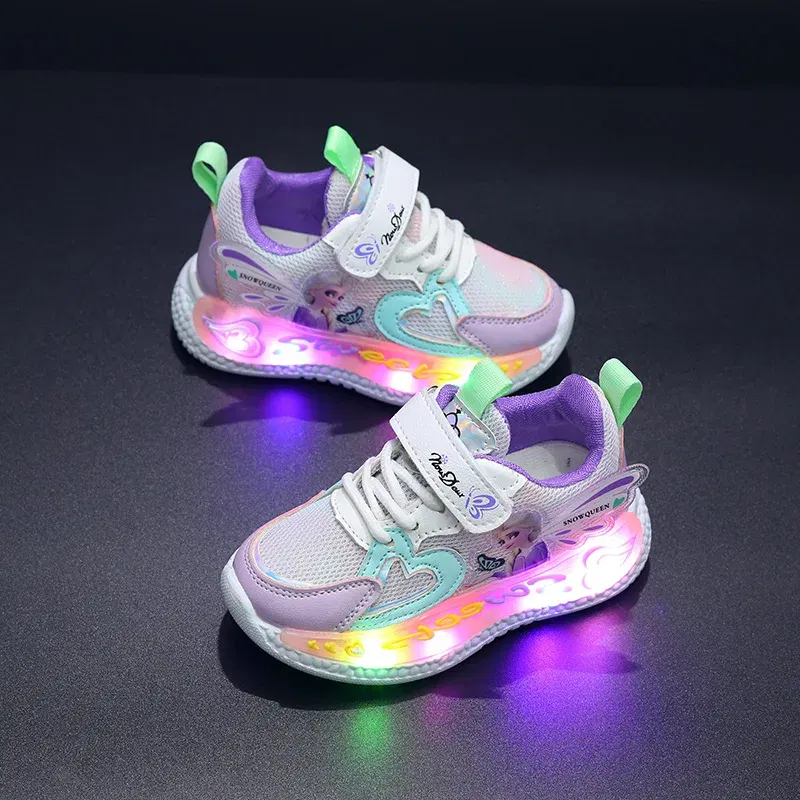 Color: Pink, Shoe Size: 9 - Disney Children Led Shoes Kids Girls Sneakers Frozen Elsa Princess Lighting Shoes Pink Purple Casual Sports Shoes Size 21-31