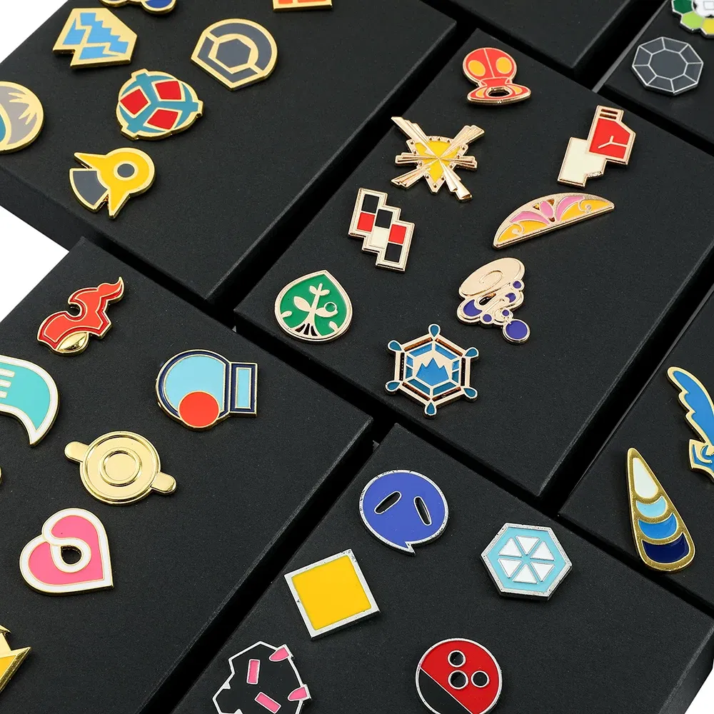 Metal color: Light Yellow Gold Color - Pokemon Gym Badges Kanto Johto Hoenn Sinnoh Unova Kalos League Region Orange Islands Pins Brooches Box Set Pocket Monster