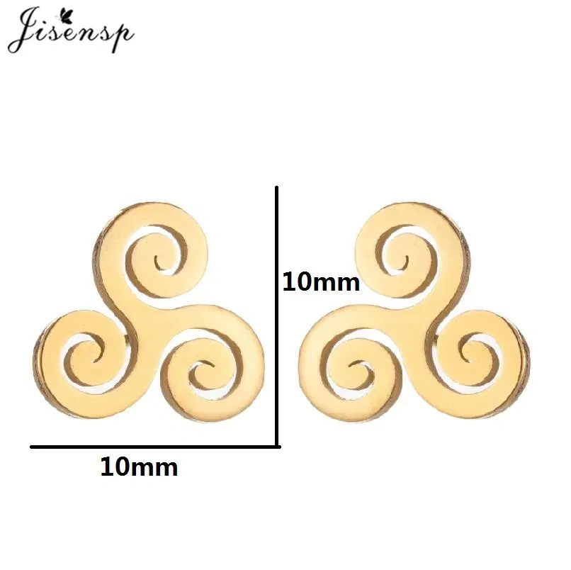 Metal Color: Pure Gold Color, Main Stone Color: WHITE - Cartoon The Movie Teen Wolf Triskele Triskelion Inspired Earrings Punk Stainless Steel Jewelry Triple Spiral Ear Studs Women Men