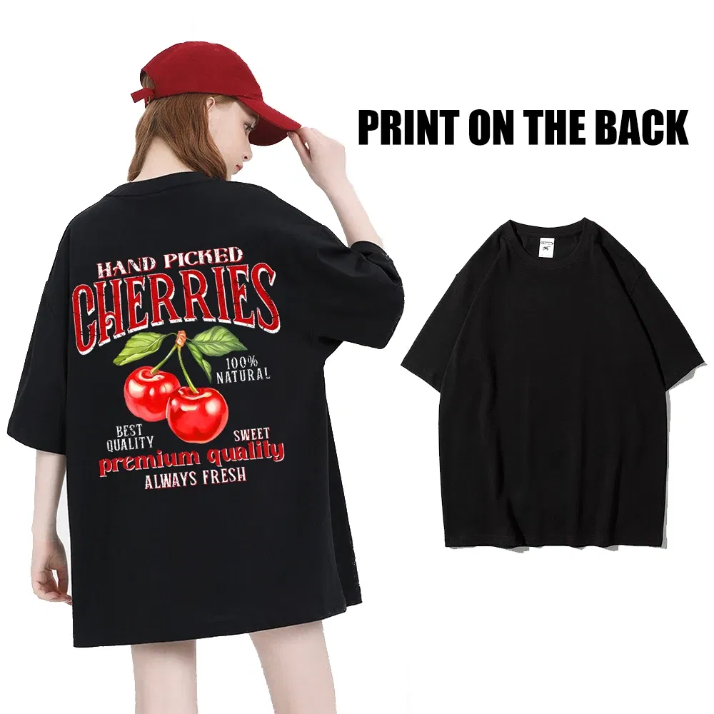 Color: green, Size: S - Summer Lemon Cherries Prints T-Shirts Cotton Women's Tops Oversize O-Neck Soft Short Sleeve tees Street Casual Womans Clothes